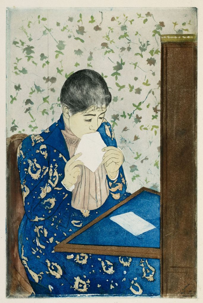 Print of a seated woman sending a letter